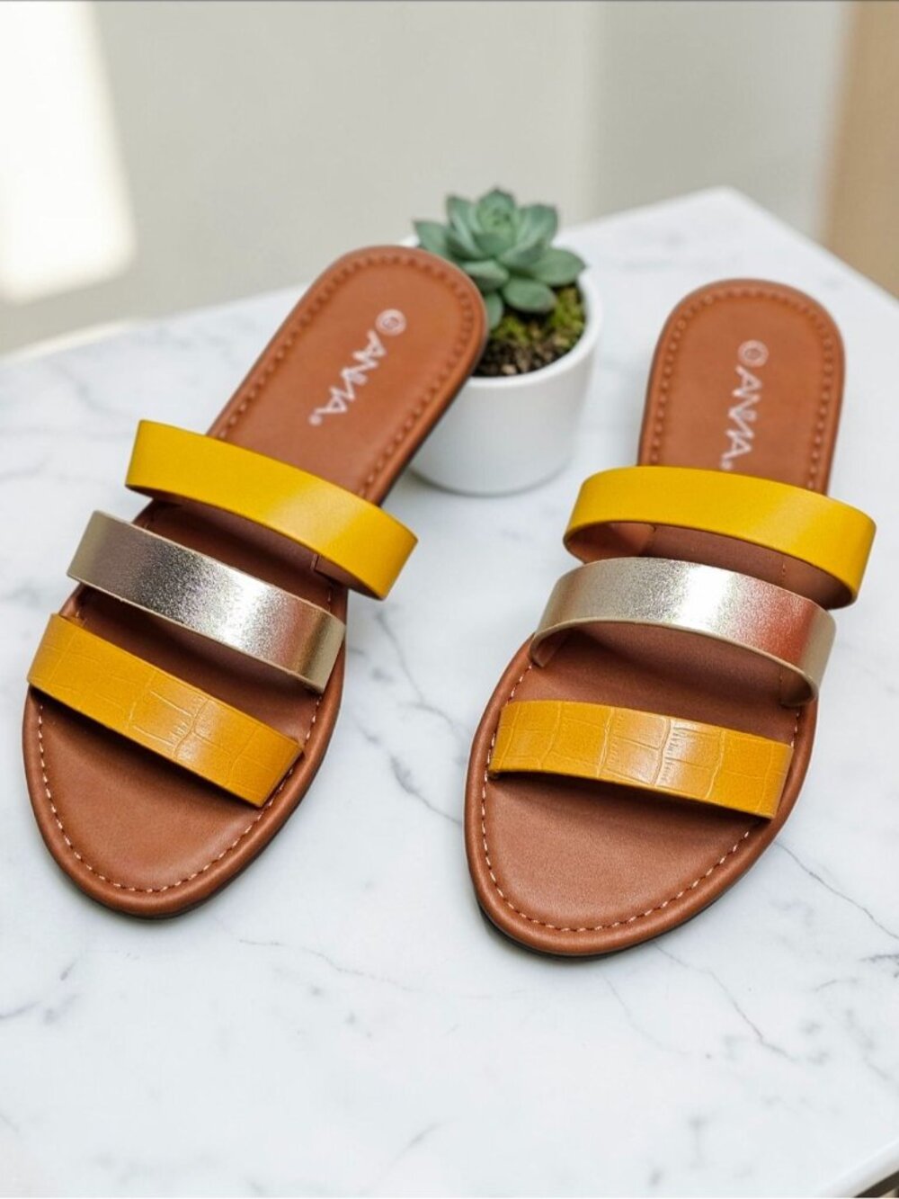 Multi-Strap Flat Sandals In Yellow & Gold Chic & Comfortable Footwear